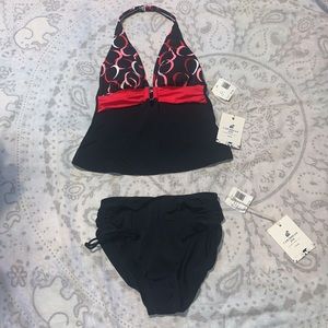 NWT Caribbean Joe Black Pink Swim Tankini Halter with Black Bottom Sz 10